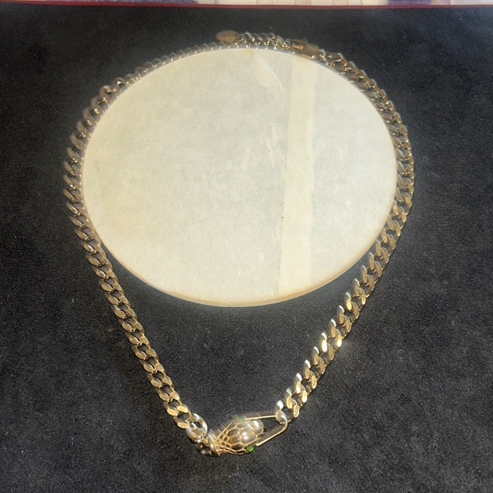 18K Gold Snake Head Reptile Collar Necklace - Gold with Emerald Eyes